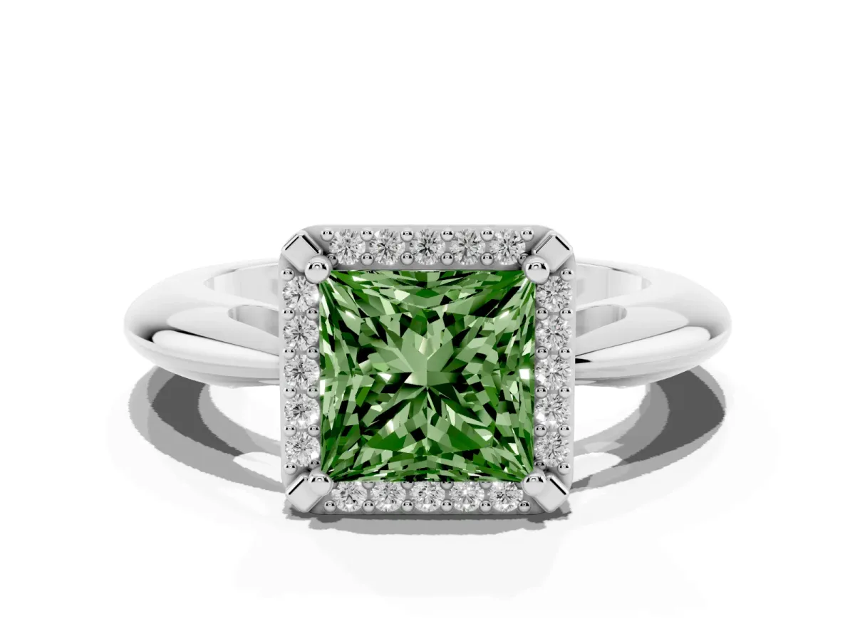 Fancy Green Princess Cut Cut Diamond Halo Engagement Ring with Split Shank and Four-Prong Setting Silver
