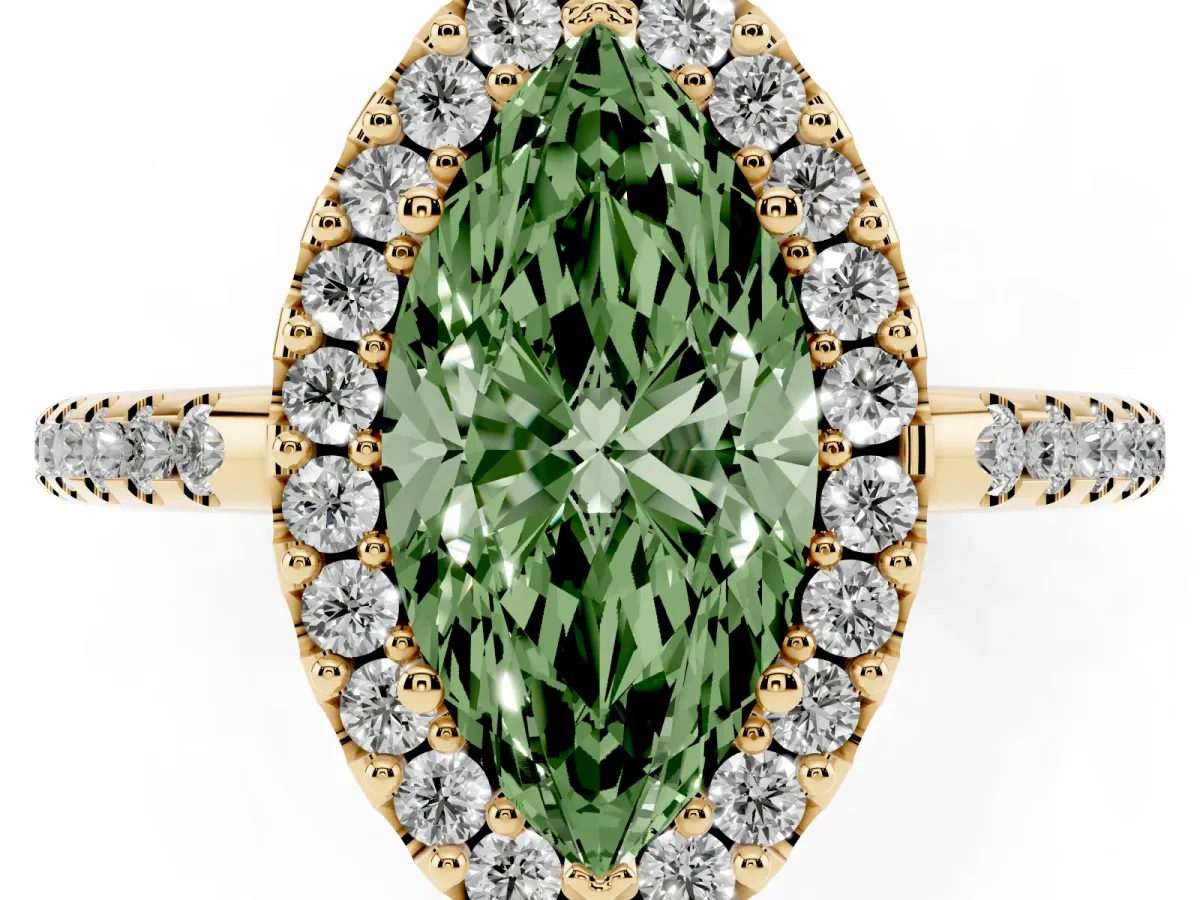 Fancy Green Marquise Cut Diamond Pavé Halo Ring with Four-Prong Setting Yellow gold