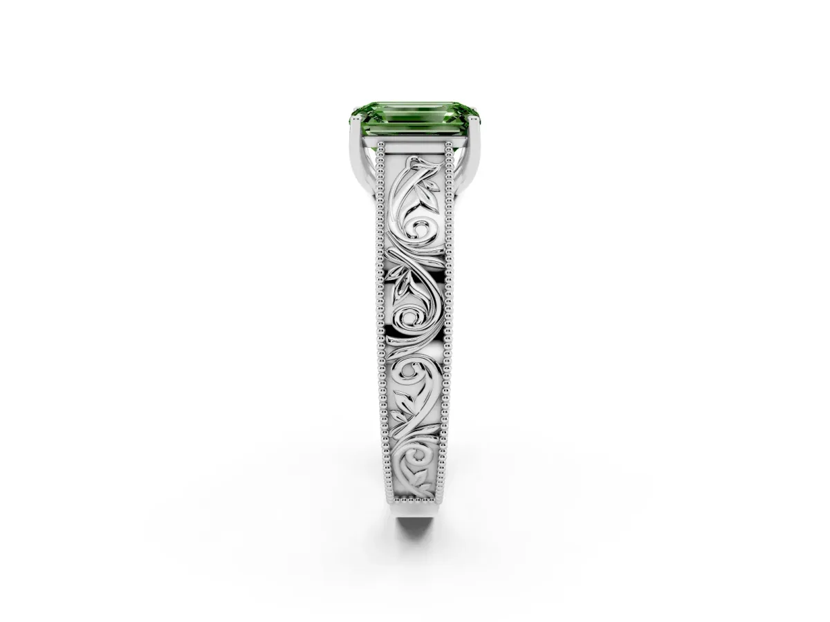 Fancy Green Emerald Cut Diamond Solitaire Ring with Engraved Band and Four-Prong Setting White gold
