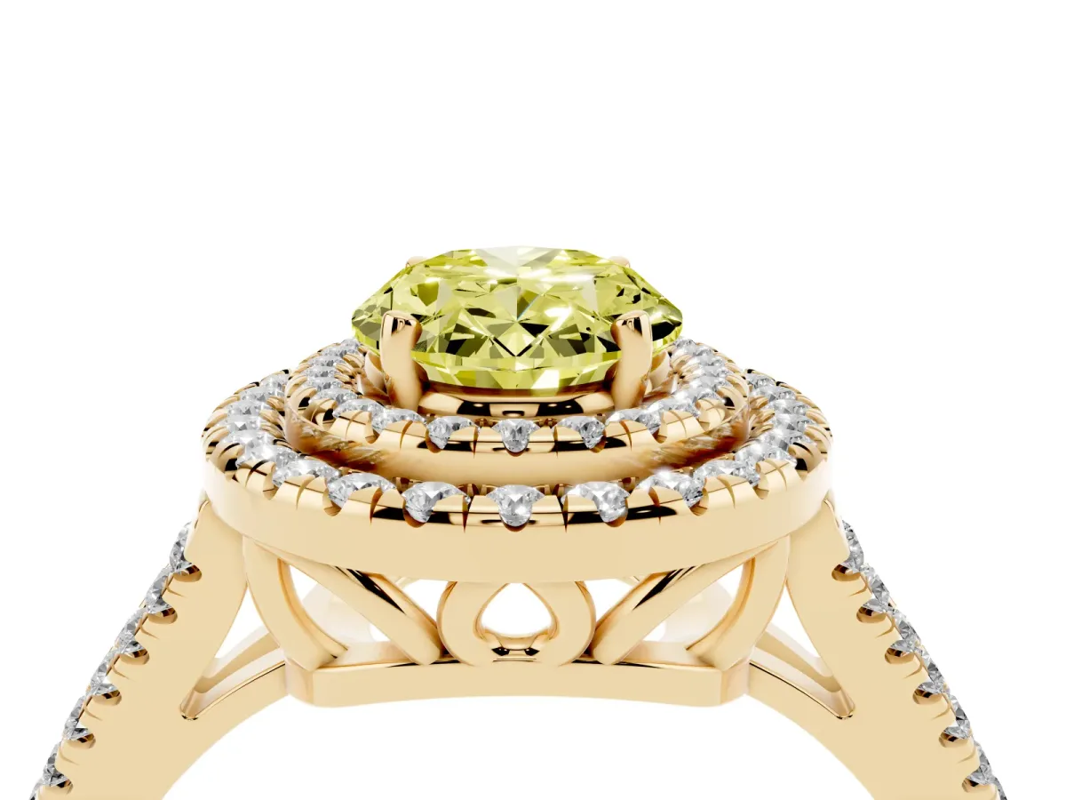 Fancy Yellow Oval Cut Diamond Double Halo Ring with Pavé Band and Prong Setting Yellow gold