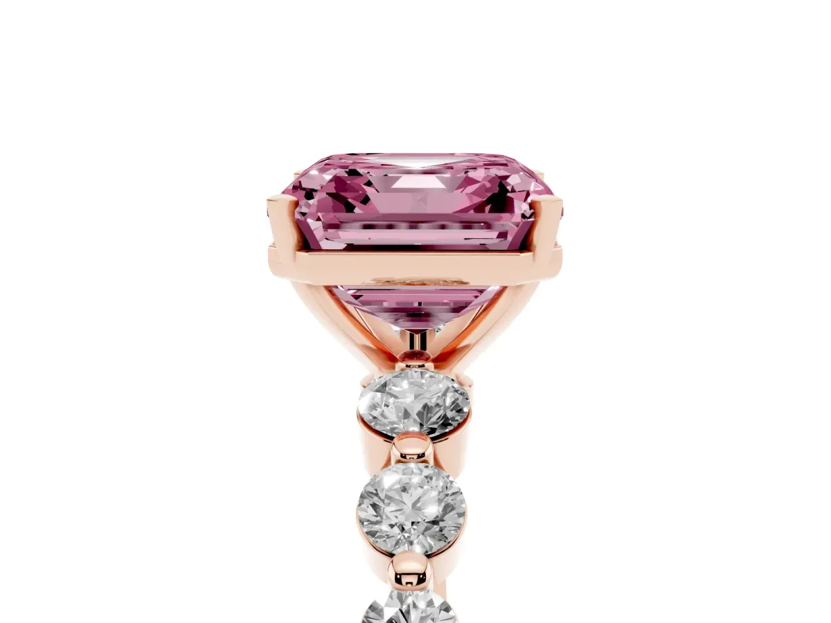Fancy Pink Asscher Cut Solitaire Diamond Ring with Pave Band and Four-Prong Setting Rose gold