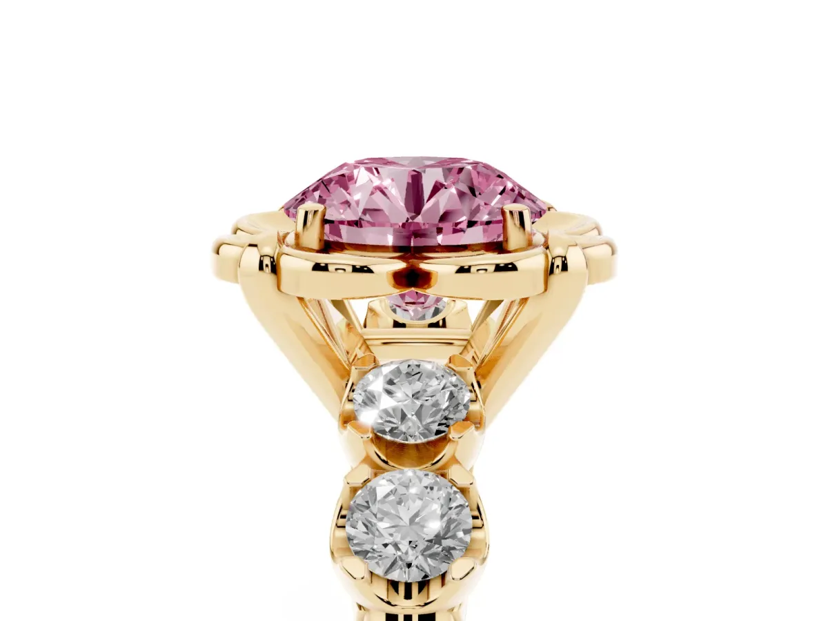 Fancy Pink Round Cut Cut Diamond Floral Halo Engagement Ring with Shared Prong Setting Yellow gold