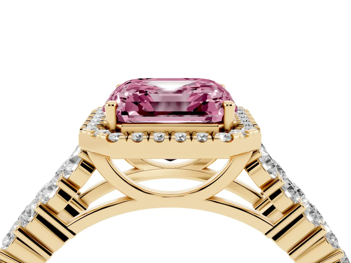Fancy Pink Asscher Cut Diamond Halo Engagement Ring with Triple Row Round Pavé Band and Prong Setting Yellow gold