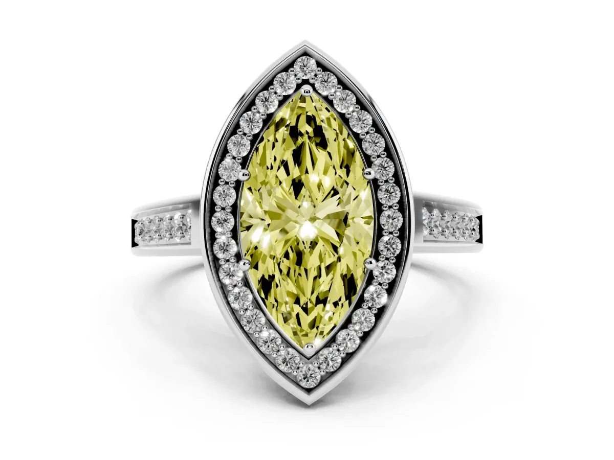 Fancy Yellow Marquise Cut Halo Solitaire Diamond Ring with Pave Band and Bezel Setting White gold