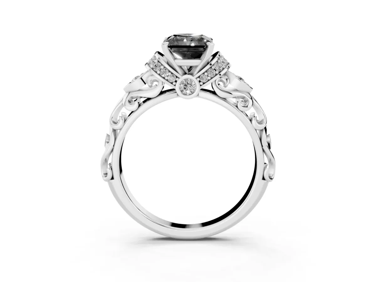 Fancy Black Radiant Cut Diamond Solitaire Ring with Filigree Band and Four-Prong Setting Silver