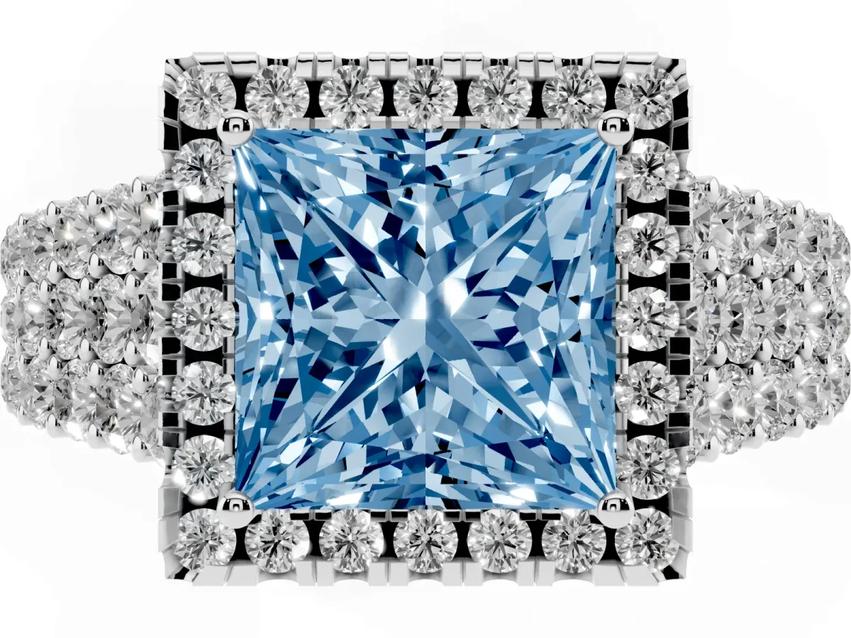 Fancy Blue Princess Cut Diamond Halo Engagement Ring with Triple Row Round Pavé Band and Prong Setting Silver