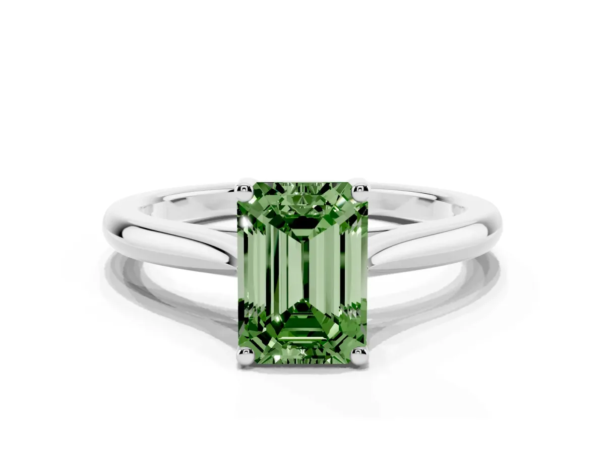 Fancy Green Emerald Cut Cut Solitaire Ring with Cathedral Band and Four-Prong Setting Platinum