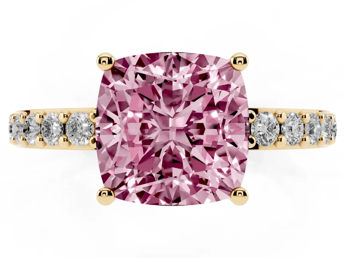 Fancy Pink Cushion Cut Cut Diamond Solitaire with Pave Band and Four-Prong Setting Yellow gold