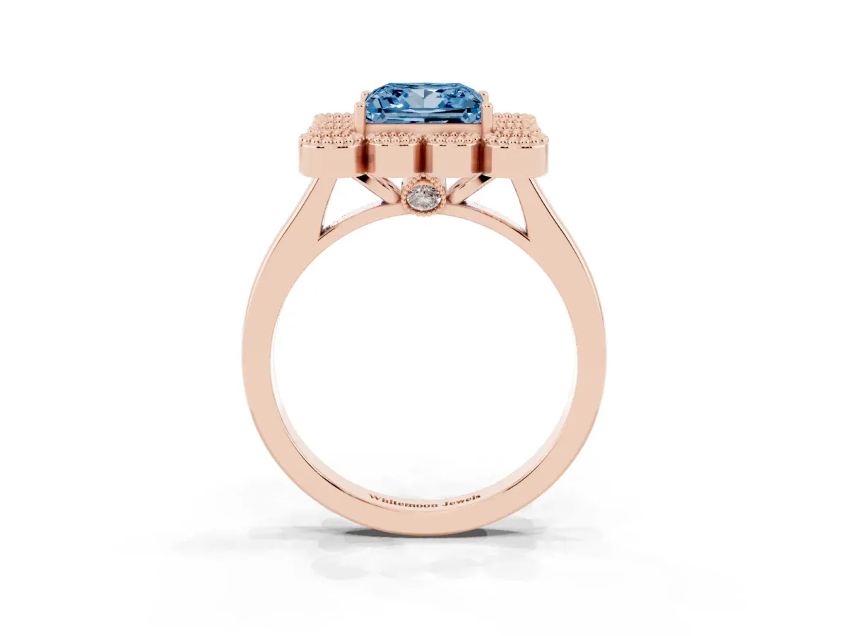 Fancy Blue Princess Cut Halo Diamond Cluster Engagement Ring with Milgrain Bezel Setting and Solitaire Band Rose gold