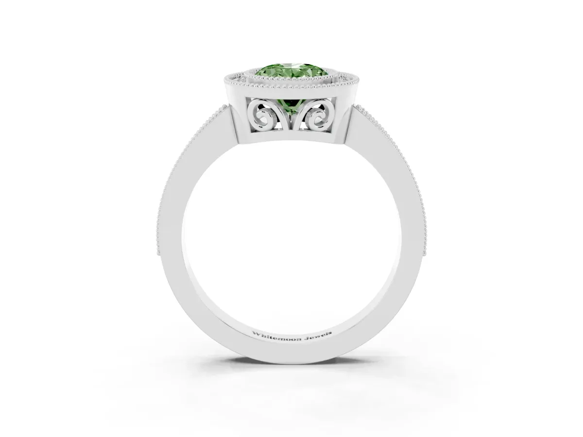 Fancy Green Oval Cut Cut Halo Diamond Ring with Pavé Band and Milgrain Prong Setting Silver
