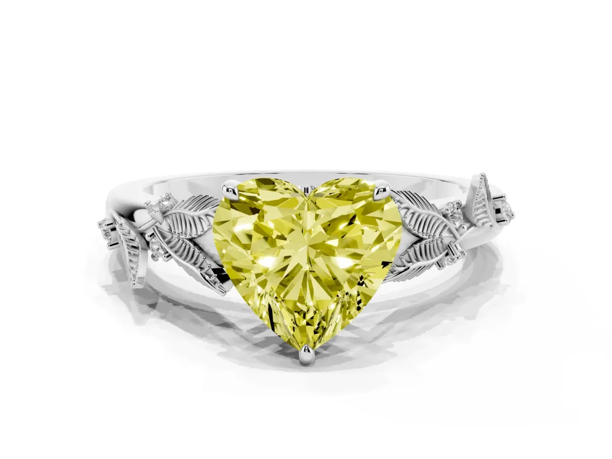 Fancy Yellow Heart Cut Diamond Solitaire Ring with Leaf Motif Band and Four-Prong Setting Silver