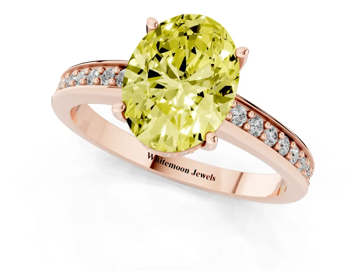 Fancy Yellow Oval Cut Solitaire Pavé Band Prong Setting Ring Rose gold