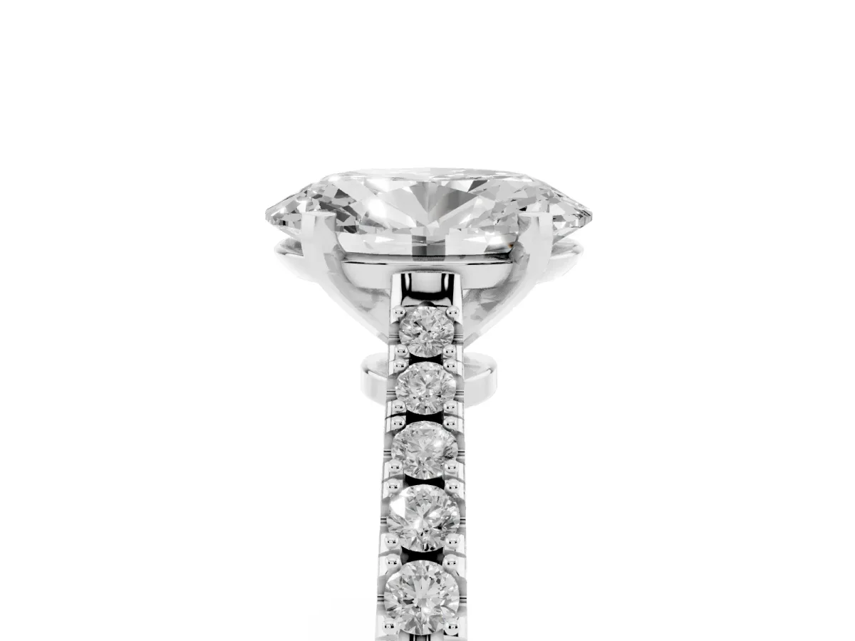 Oval Cut Cut Solitaire Diamond Engagement Ring with Pave Band and Four-Prong Setting Silver