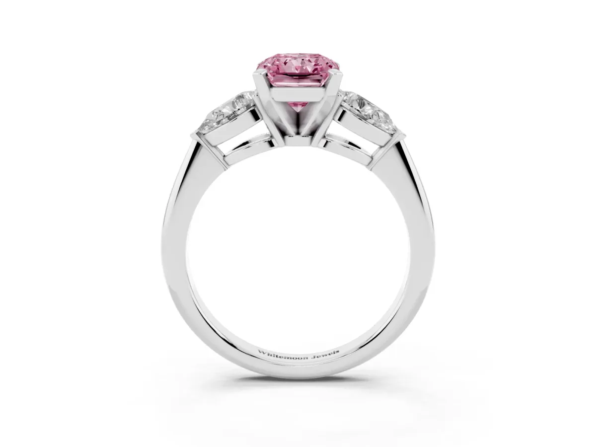 Fancy Pink Three-Stone Radiant Cut Diamond Ring with Pear Side Stones and Four-Prong Setting Silver