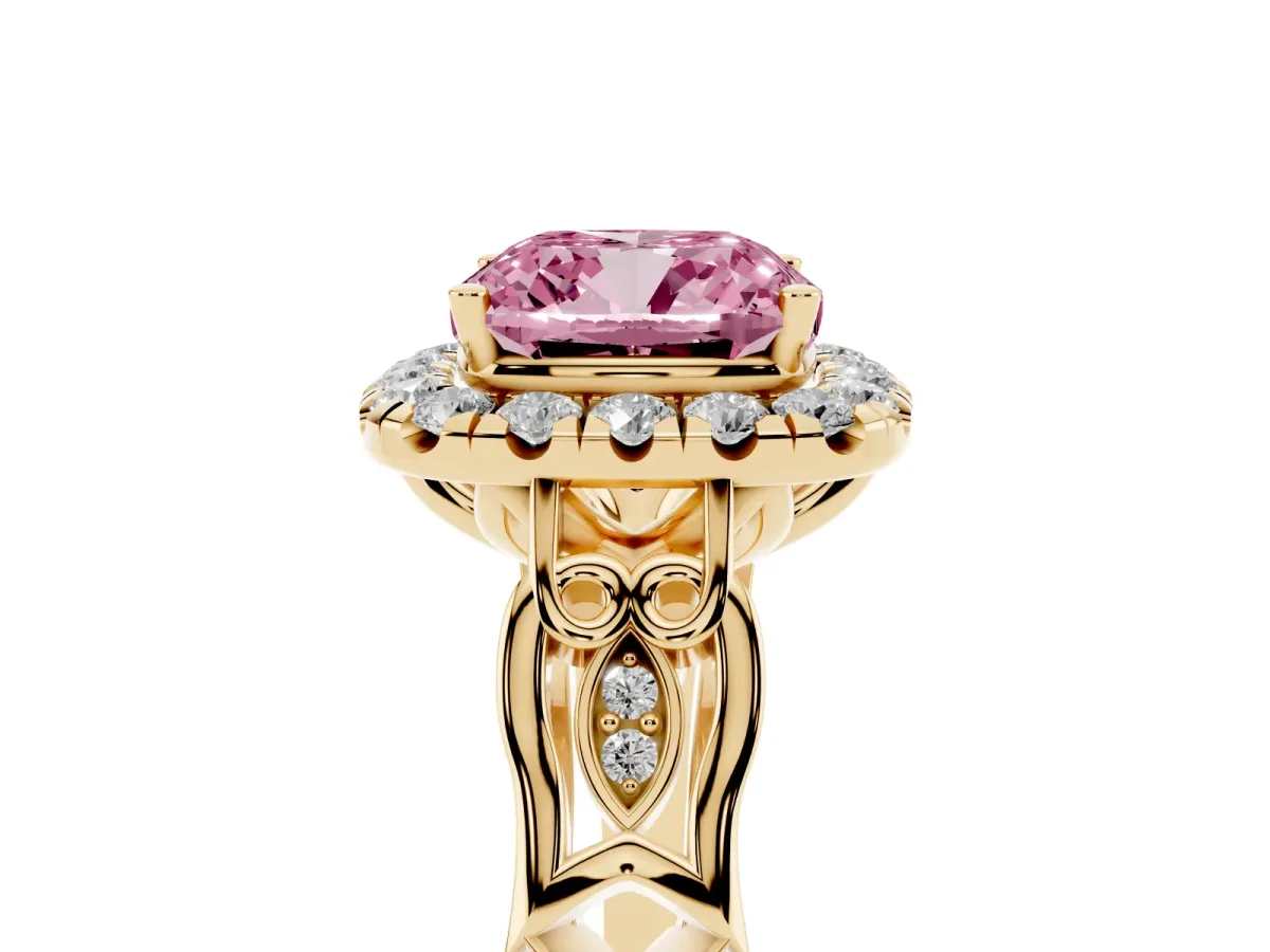 Fancy Pink Cushion Cut Halo Diamond Engagement Ring with Filigree Band and Four-Prong Setting Yellow gold