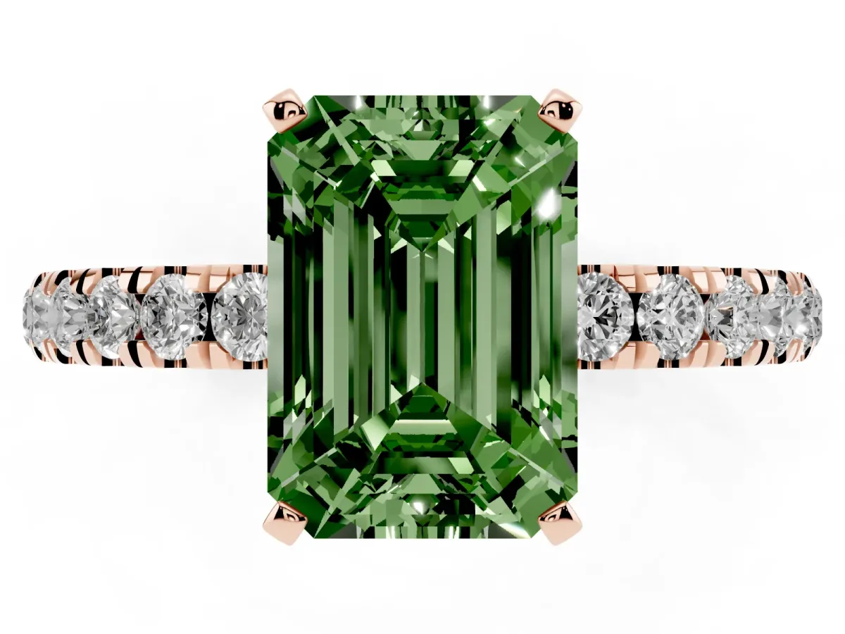 Fancy Green Emerald Cut Diamond Solitaire Ring with Pavé Accents and Four-Prong Setting Rose gold