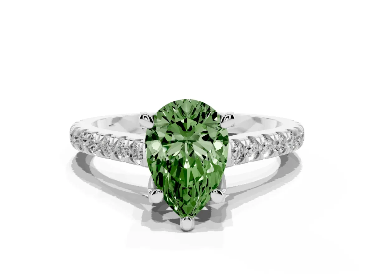 Fancy Green Pear Cut Brilliant Diamond Solitaire with Pavé Band and Four-Prong Setting Silver
