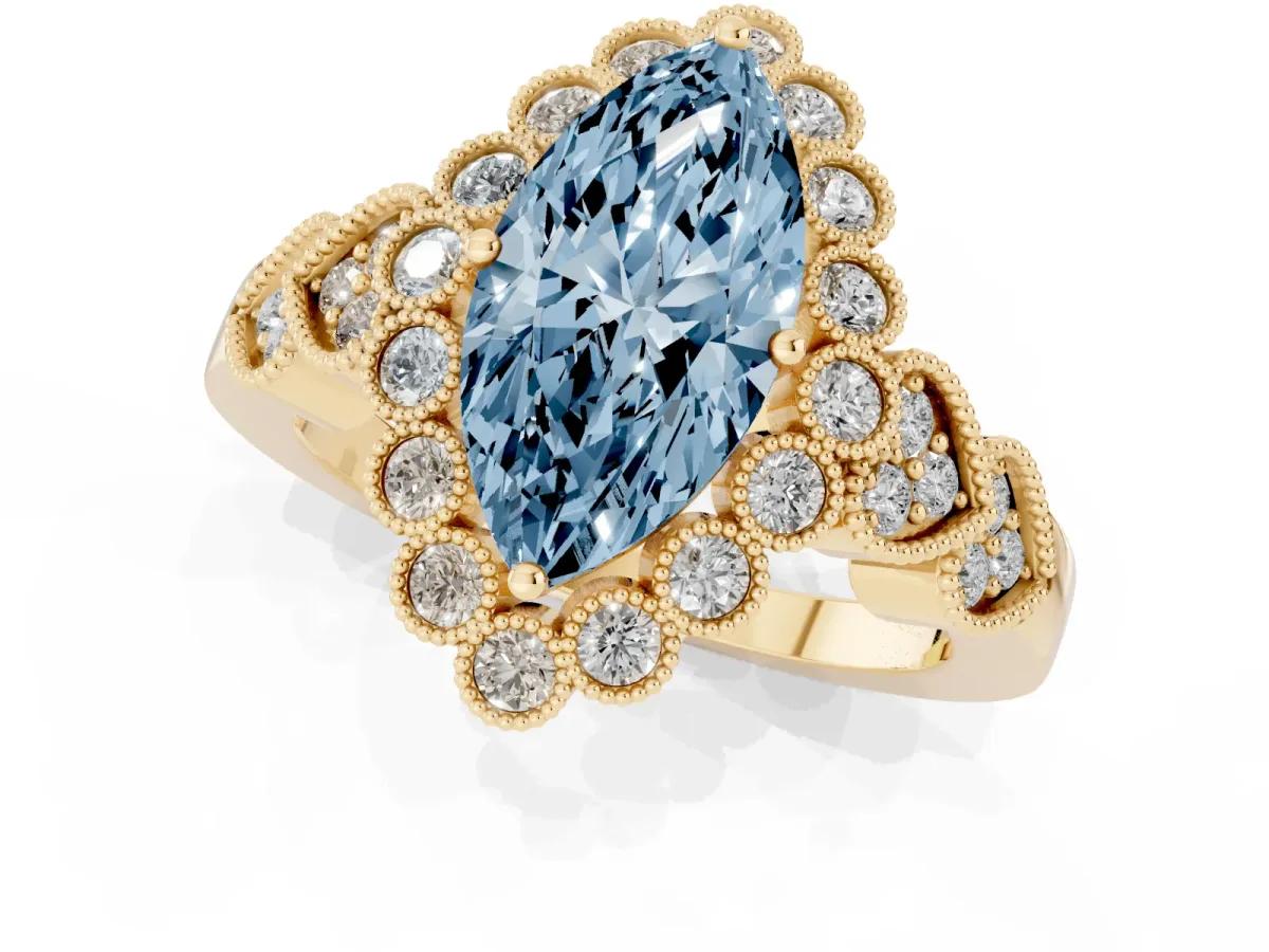 Fancy Blue Marquise Cut Brilliant Milgrain Pave Heart Band Solitaire Ring Yellow gold