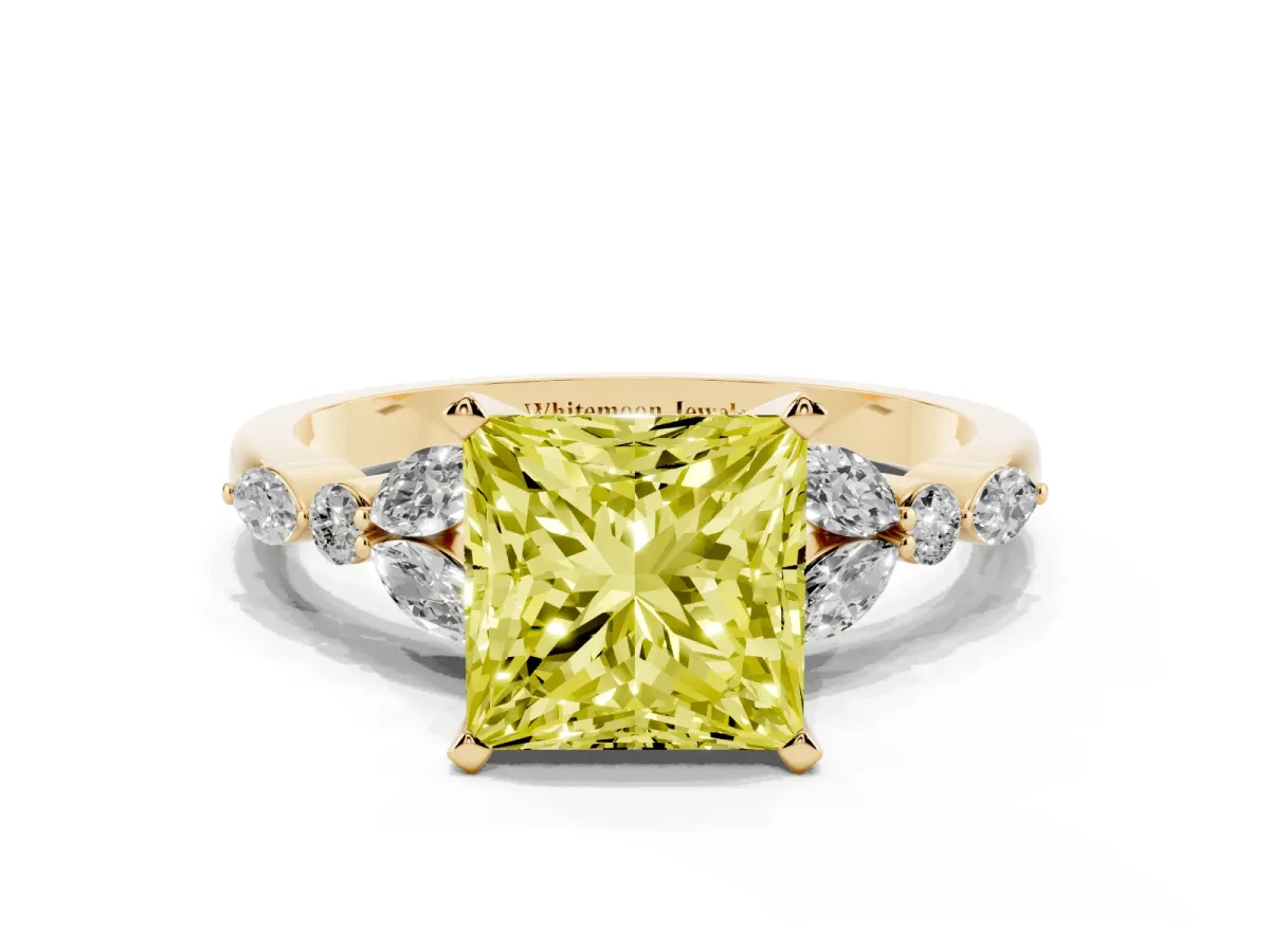 Fancy Yellow Princess Cut Diamond Solitaire Ring with Side Stones and Four-Prong Setting Yellow gold