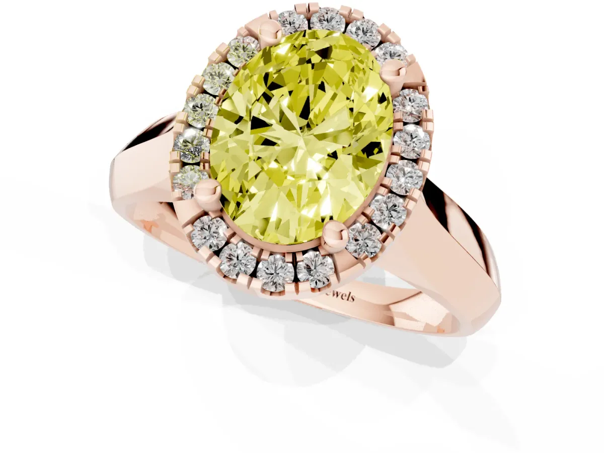 Fancy Yellow Oval Cut Cut Halo Solitaire Engagement Ring with Square Band and Four-Prong Setting Rose gold