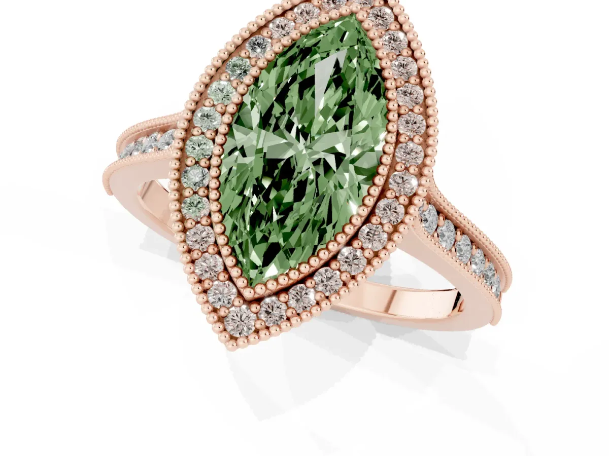 Fancy Green Halo Marquise Cut-Cut Diamond Pave Band Milgrain Prong Setting Ring Rose gold