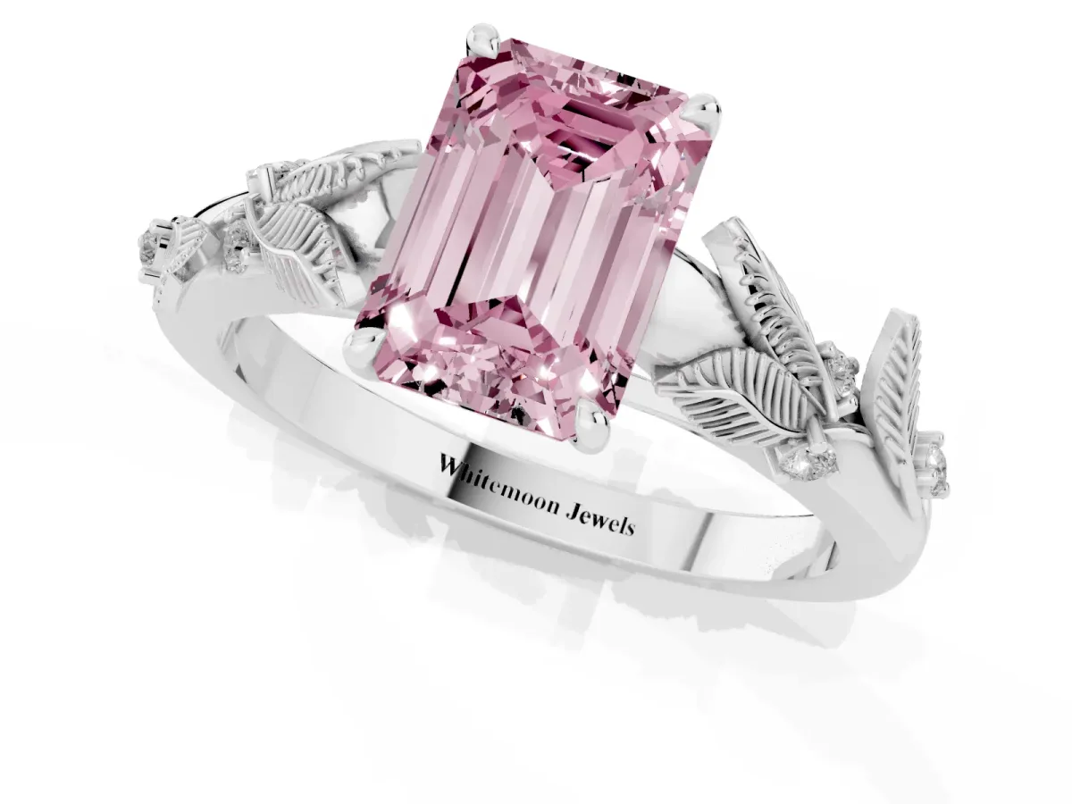 Fancy Pink Emerald Cut Diamond Solitaire Ring with Leaf Motif Band and Four-Prong Setting Silver