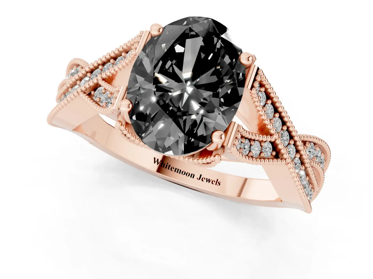 Fancy Black Oval Cut Cut Diamond Twisted Band with Milgrain Pave Setting and Four-Prong Setting Rose gold