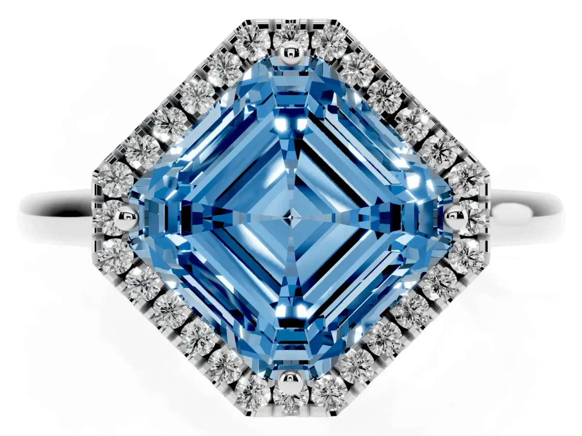 Fancy Blue Asscher Cut Halo Round Diamond Solitaire Engagement Ring with Pave Band and Four-Prong Setting White gold