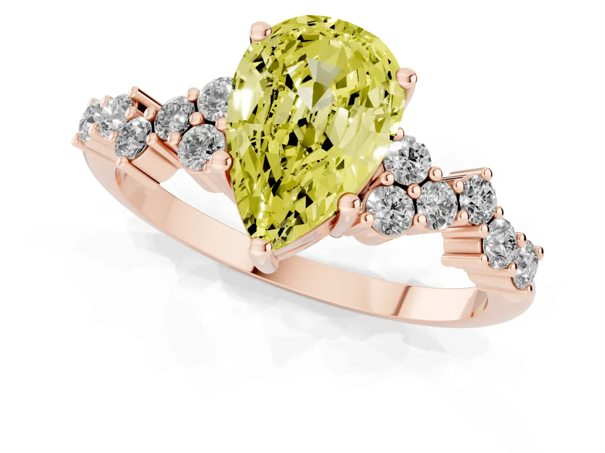 Fancy Yellow Pear Cut Diamond Scattered Round Accent Ring with Prong Setting Rose gold