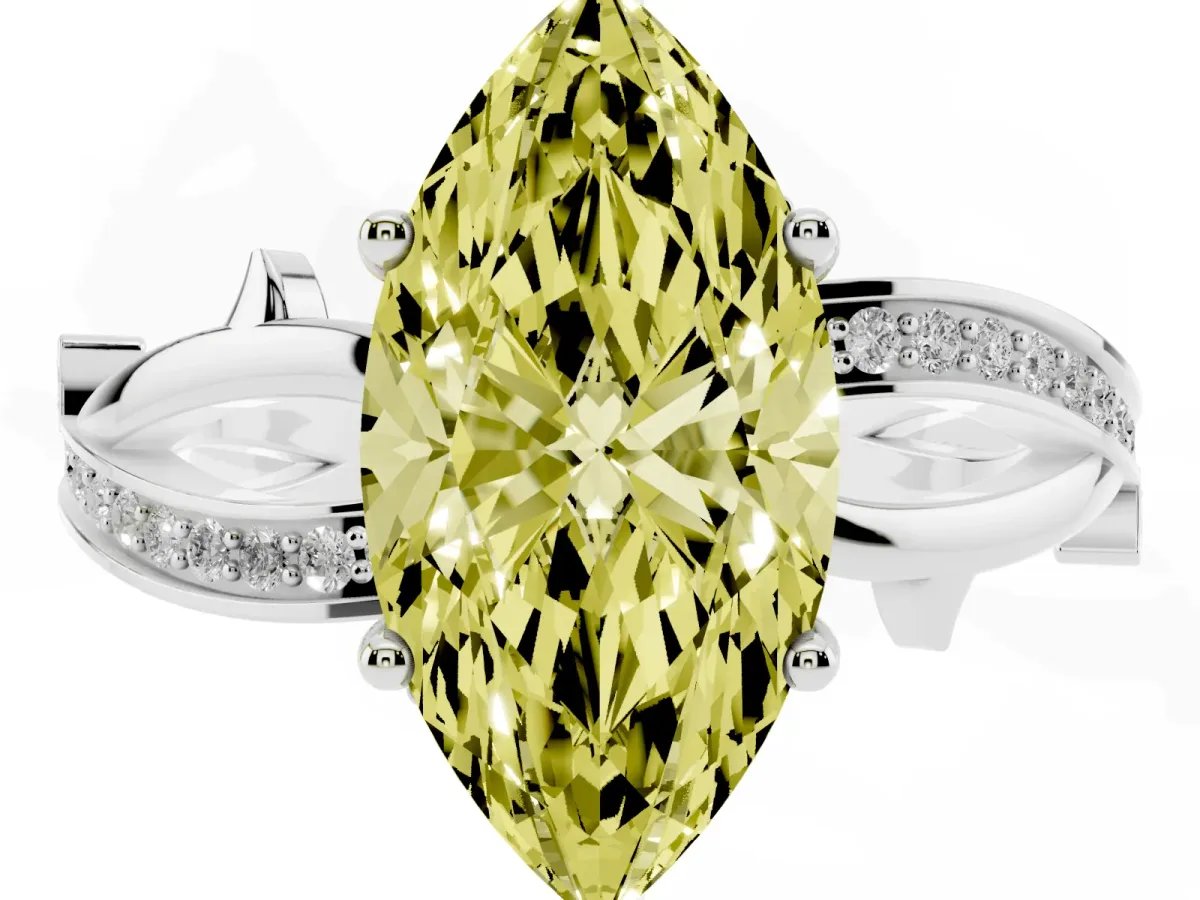 Fancy Yellow Marquise Cut Solitaire Twist Band with Pavé Accents and Four-Prong Setting Silver
