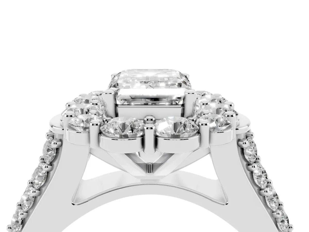 Emerald Cut Halo Diamond Engagement Ring with Split Shank and Prong Setting Silver