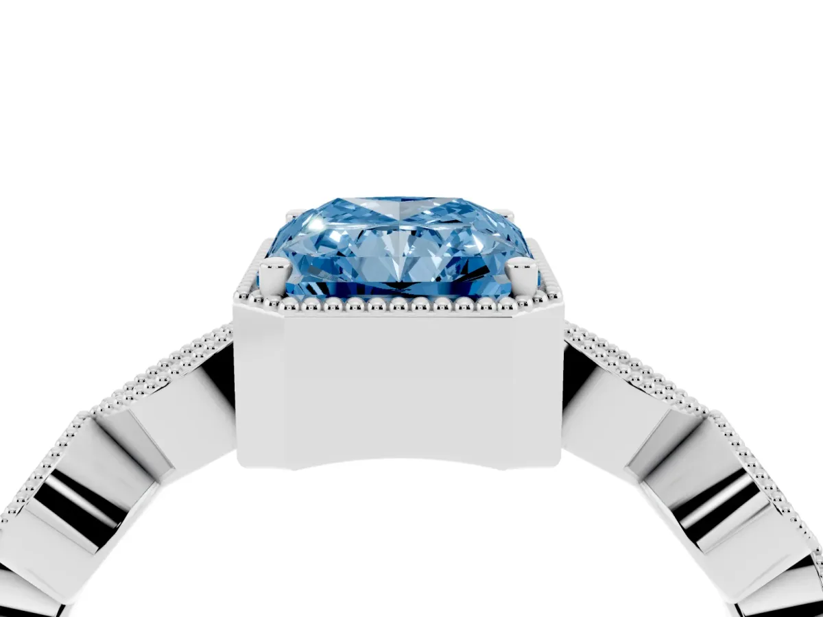 Fancy Blue Radiant Cut Diamond Vintage Milgrain Ring with Round Stations Platinum