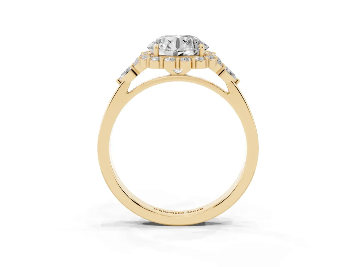 Round Cut Diamond Halo Ring with Pear Side Stones and Prong Setting Yellow gold