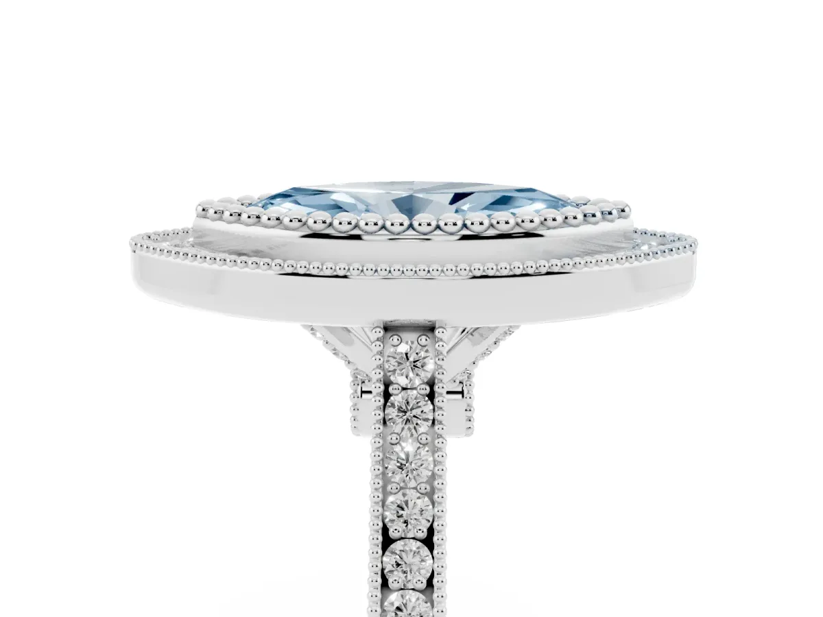Fancy Blue Marquise Cut Diamond Halo Ring with Milgrain Frame and Pavé Band White gold