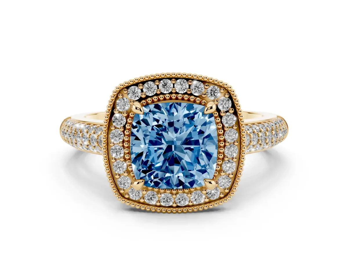 Fancy Blue Cushion Cut Cut Halo Diamond Pave Band with Four-Prong Setting Yellow gold
