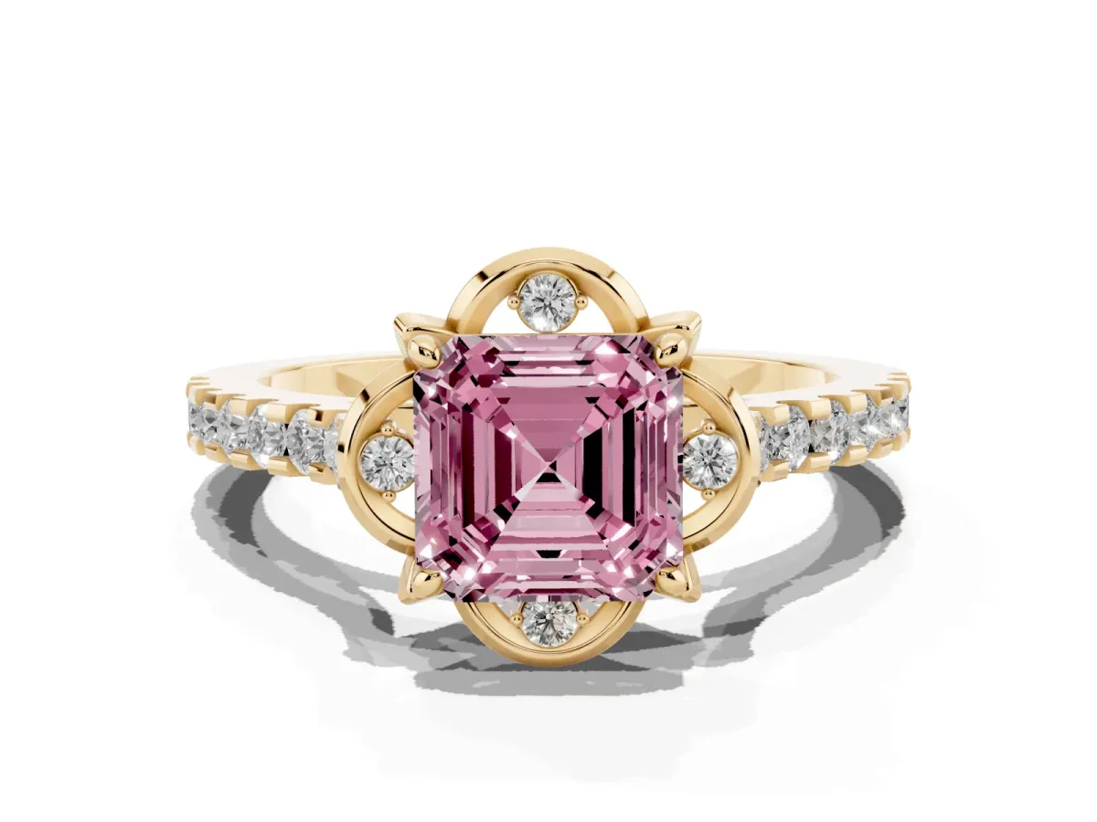 Fancy Pink Asscher Cut Diamond Ring with Pavé Band and Floral Prong Setting Yellow gold
