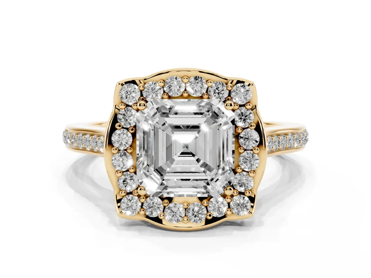 Asscher Cut Halo Round Diamond Pave Band with Four-Prong Setting Yellow gold