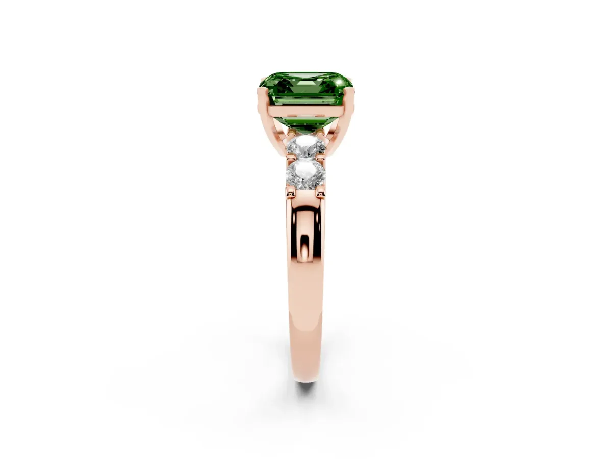 Fancy Green Asscher Cut Brilliant Cut Diamond Five-Stone Prong Set Engagement Ring with Channel Band Rose gold