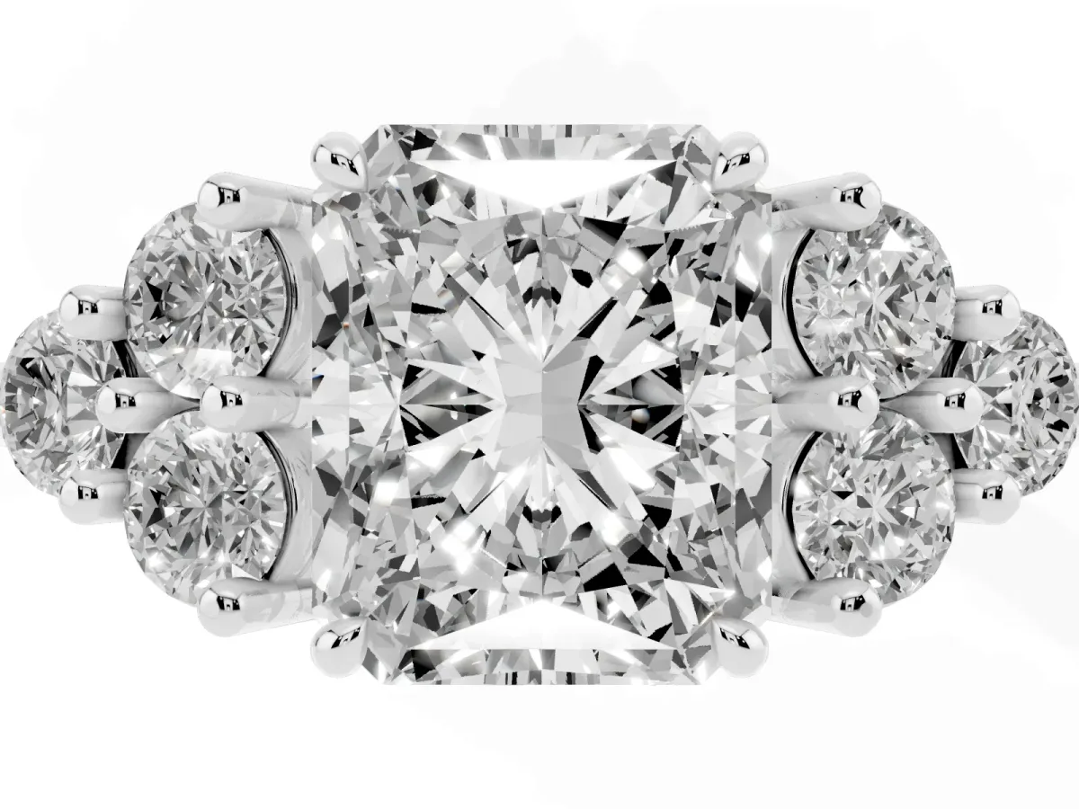 Radiant Cut Brilliant Diamond Cluster Accent Solitaire Ring with Prong Setting Silver