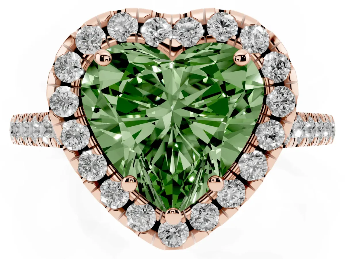 Fancy Green Heart Cut Halo Pavé Diamond Engagement Ring with Four-Prong Setting Rose gold
