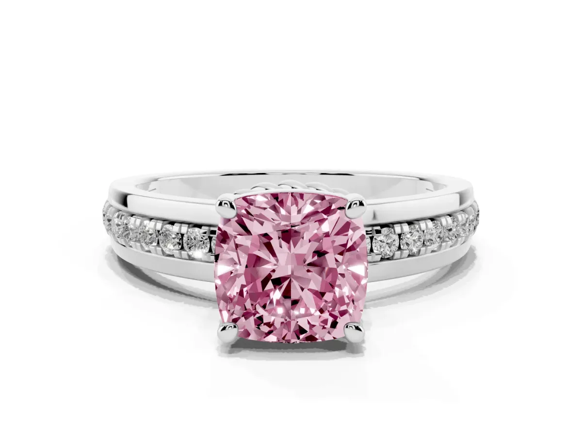 Fancy Pink Cushion Cut Solitaire Diamond Ring with Channel Set Band and Six-Prong Setting White gold