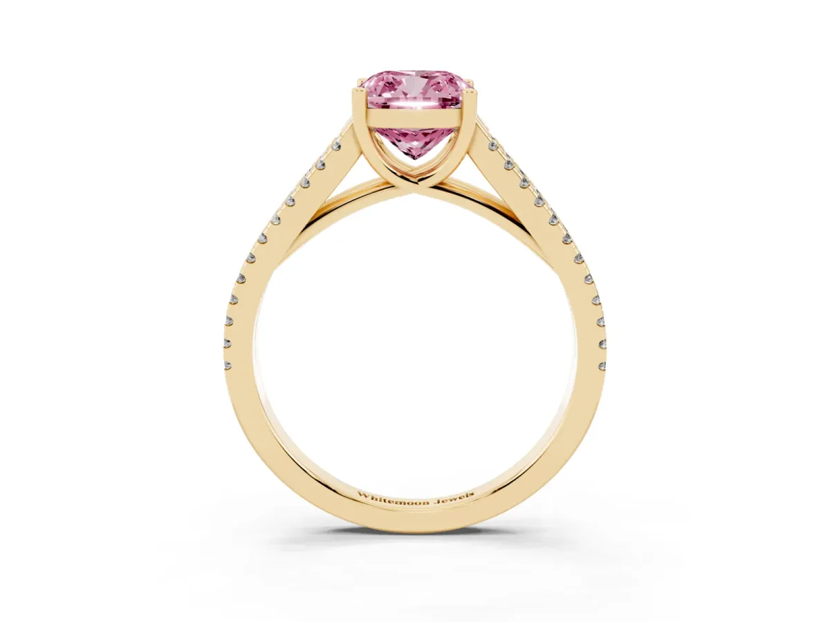 Fancy Pink Cushion Cut Diamond Solitaire Engagement Ring with Split Shank Pavé Band Yellow gold