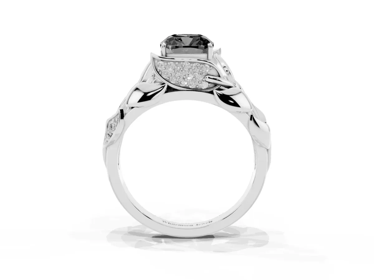 Fancy Black Cushion Cut Diamond Leaf-Inspired Engagement Ring with Round Accents and Prong Setting White gold