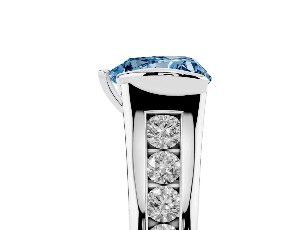 Fancy Blue Heart Cut Solitaire Bezel-Set Diamond Ring with Channel-Set Band Silver