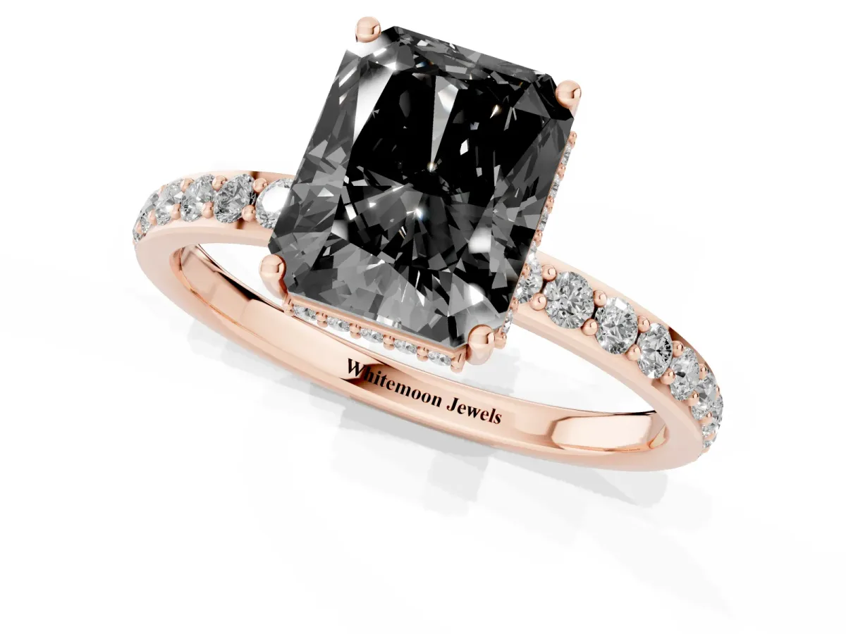 Fancy Black Radiant Cut Diamond Solitaire Ring with Pavé Band and Hidden Halo Rose gold