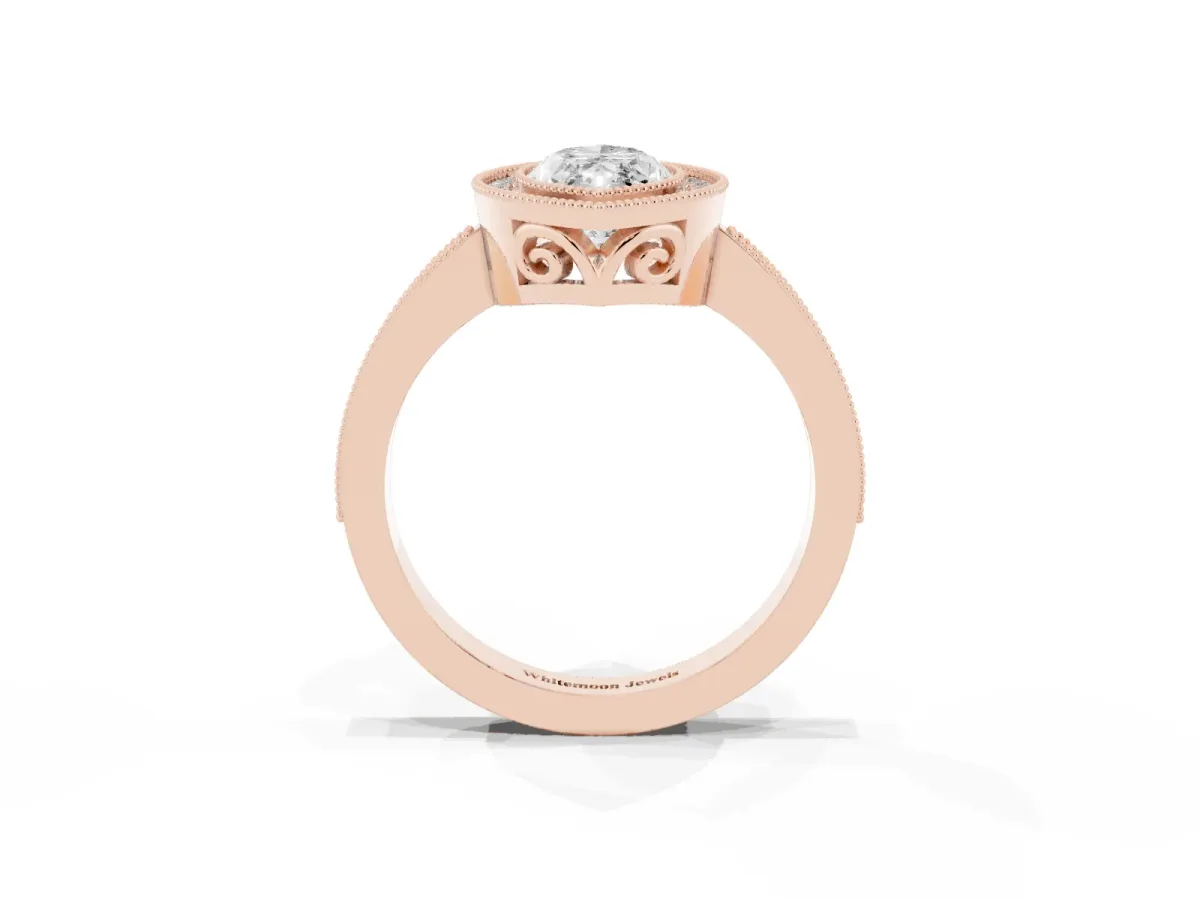 Marquise Cut Cut Halo Diamond Ring with Pavé Band and Milgrain Prong Setting Rose gold