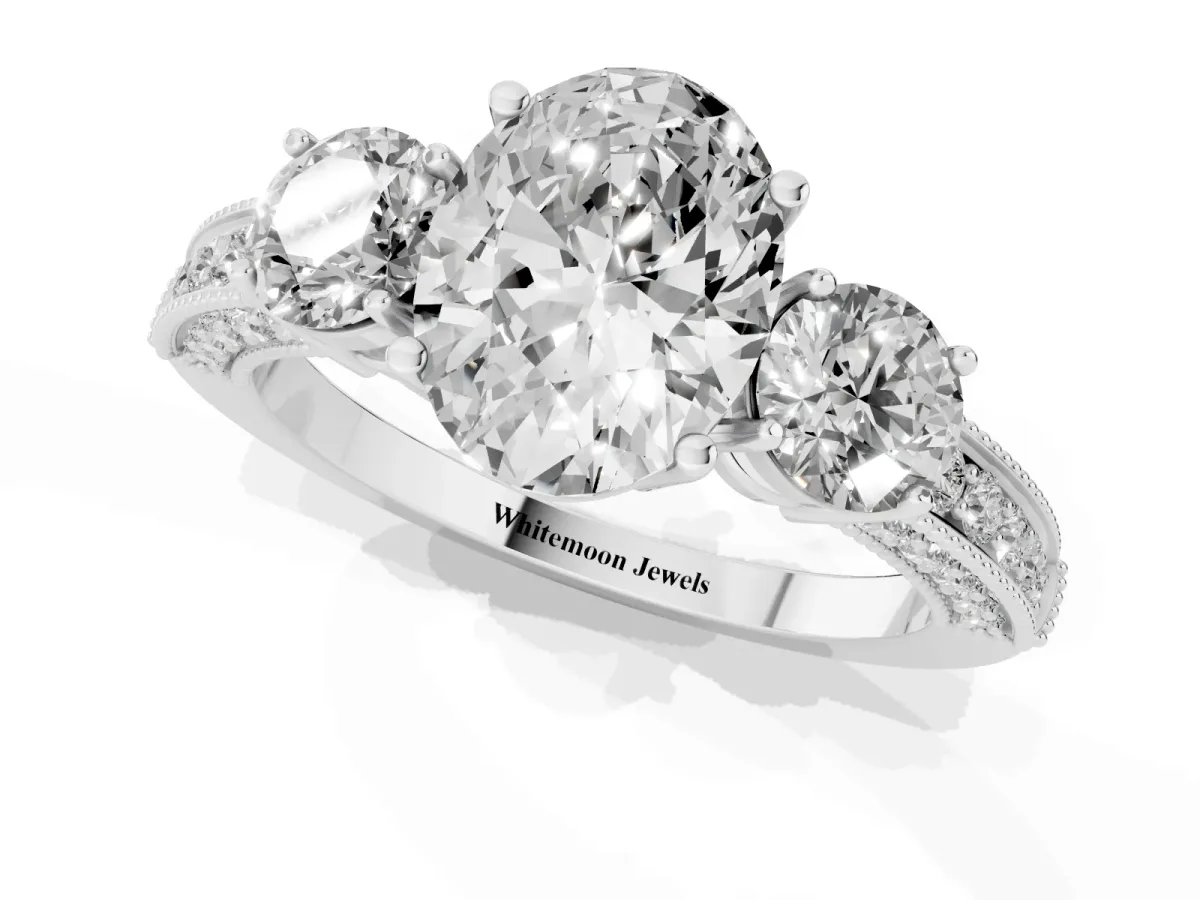 Oval Cut Three-Stone Diamond Ring with Pavé Band and Four-Prong Setting Silver