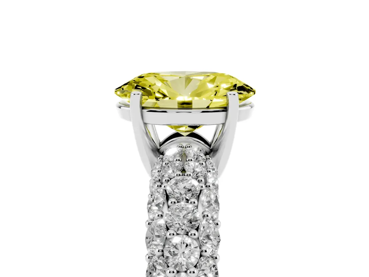 Fancy Yellow Oval Cut Diamond Pavé Band Solitaire Ring with Four-Prong Setting Platinum