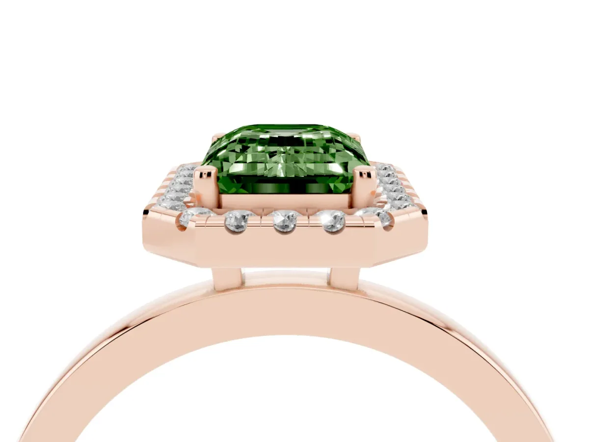 Fancy Green Emerald Cut Halo Diamond Solitaire with Pavé Band and Four-Prong Setting Rose gold