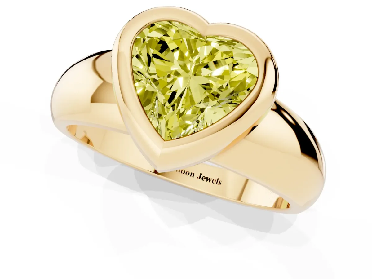 Fancy Yellow Bezel Set Heart Cut Solitaire Ring with Wide Band Yellow gold